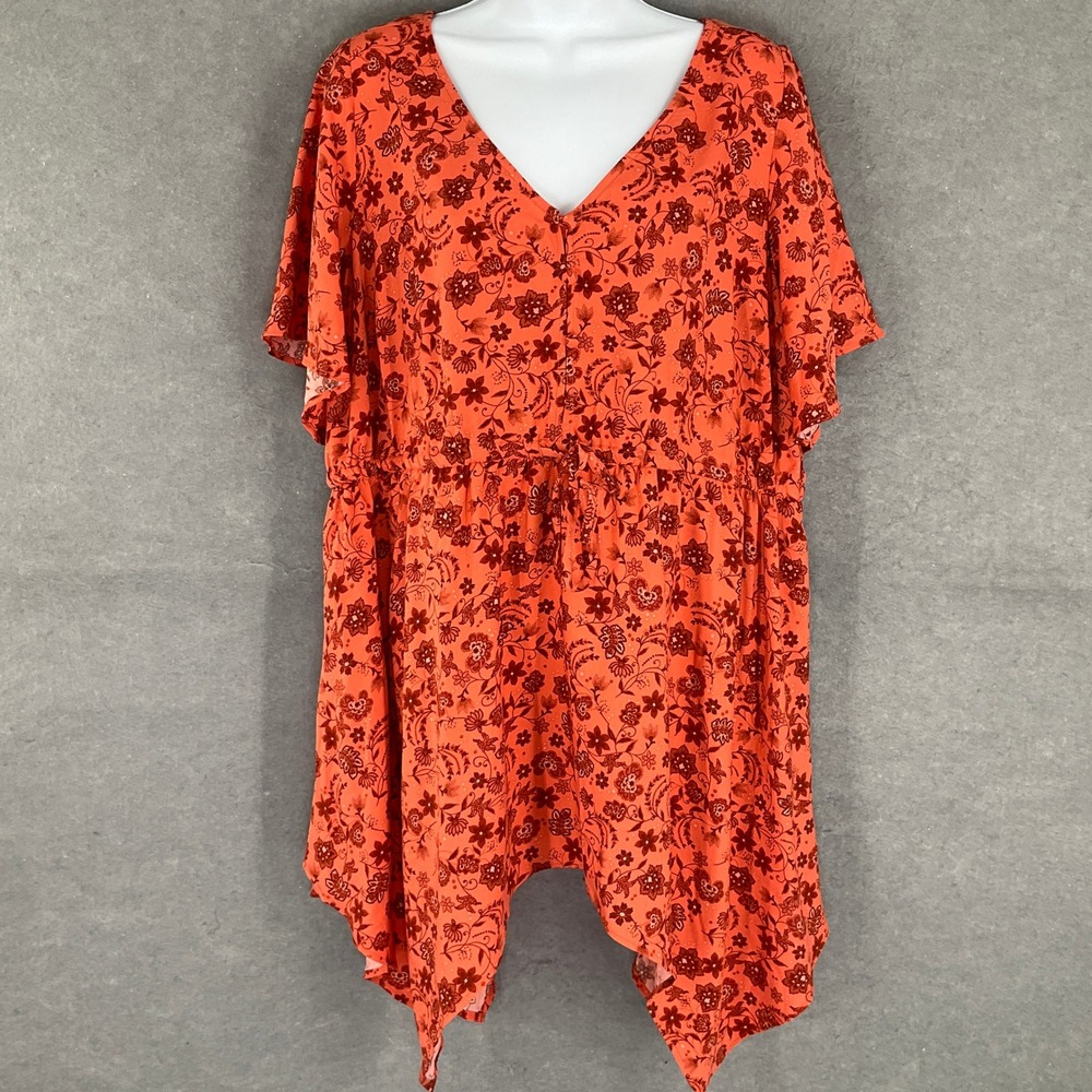 Torrid Orange Babydoll Floral Print V Neck Crisscross Back Top Size 1X Boho‎ NEW